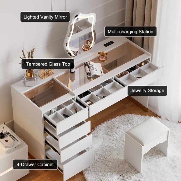 Aurielle – Natural Wood Vanity Set with Chair, LED Mirror, and Multiple Storage Drawers