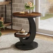 Cairo Side Table with Curved Design & Lower Shelf – Natural Wood