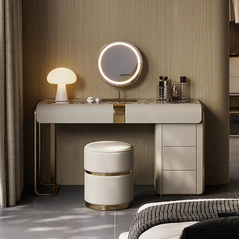 Amoura Vanity Set – Natural Wood with Matching Pouf, LED Mirror & Marble-Look Top