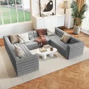 صورة سوريلا كنبة ركنية بشكل حرف يو – ٨ مقاعد – بقاعدة من الخشب الطبيعي