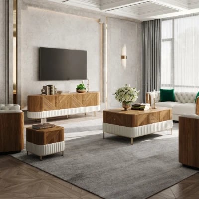 Clairvaux – TV Unit, Coffee Table & Side Table Set in Natural Wood