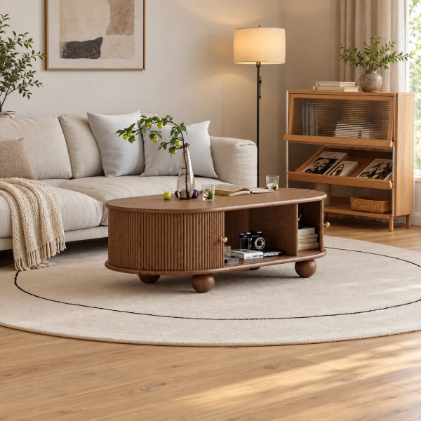 Tondo Oval Coffee Table – Natural Wood with Storage & Round Legs