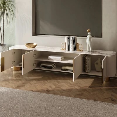 صورة ڤيلورو – وحدة تلفزيون بخشب طبيعي مخطط مع لمسات ذهبية وأناقة الرخام