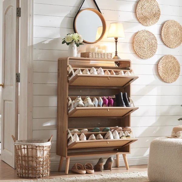 Soline – Natural Wood & Rattan Shoe Cabinet