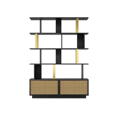 Mavrin Display Shelf – Black Wood with Gold & Rattan Accents