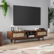 Marena – Modern TV Unit with Rattan Doors – Natural Wood