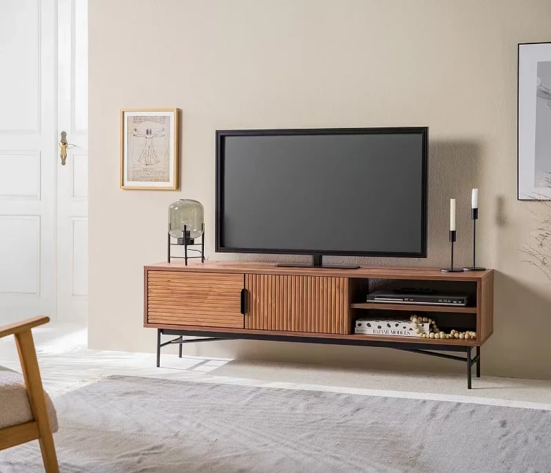 Picture of Ravelo – Walnut Ribbed TV Console with Open Shelves