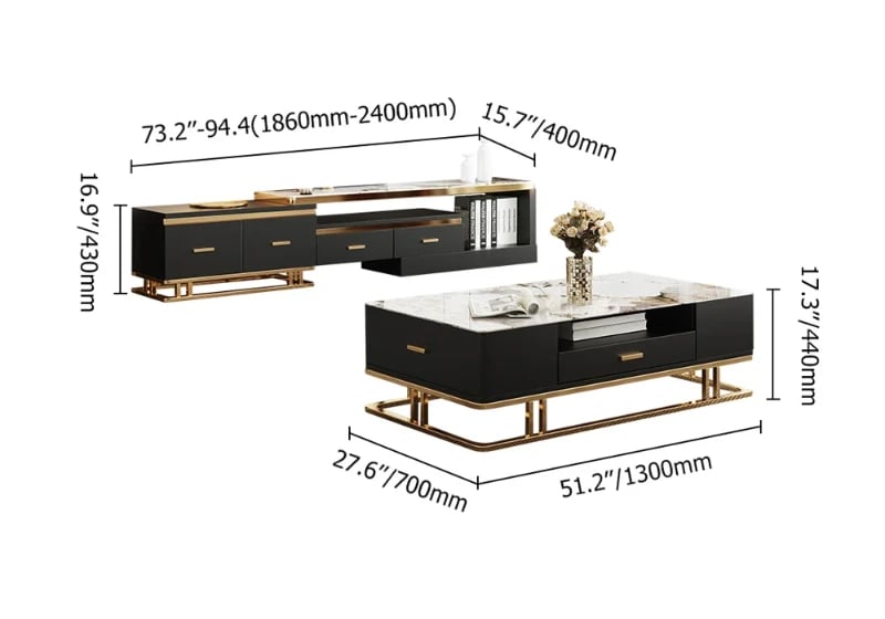 Nocturne – TV Unit and Coffee Table Set in Natural Wood with Gold Stainless Steel Accents and Marble-Look Top