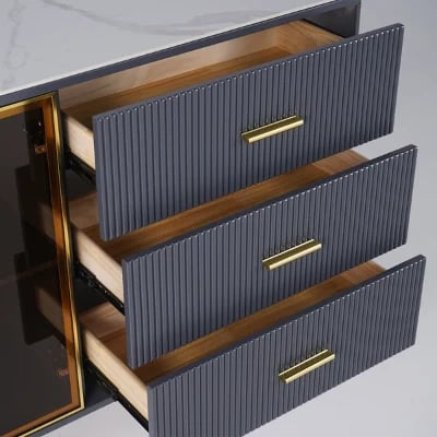 Klamf Sideboard – Natural Wood with Glass Doors and Golden Accents