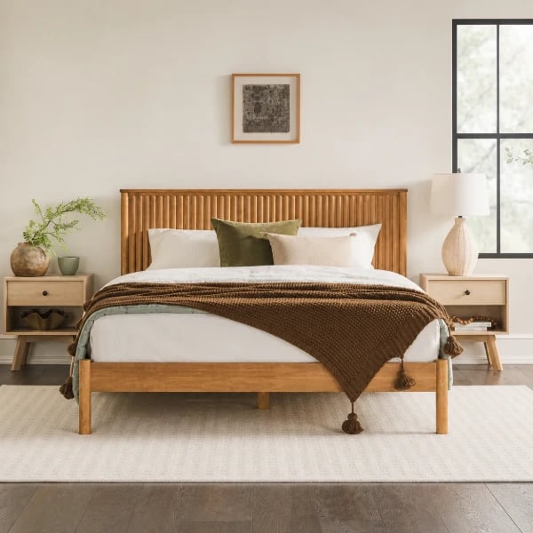 Arden Natural Wood Bed – Vertical Slat Headboard
