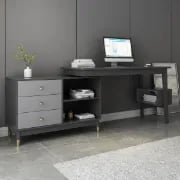 صورة أولتيك – مكتب منزلي خشب طبيعي بشكل حرف ال مع أدراج ورف