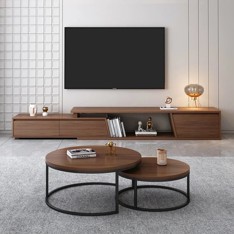 Noctis – Natural Wood TV Stand with Round Coffee Tables