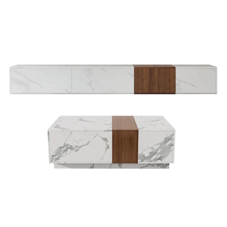 Marquina – Natural Wood TV Unit with Marble-Effect Finish and Matching Coffee Table