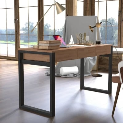 Picture of Ravion – Rustic Natural Wood Desk with Metal Frame & Drawers
