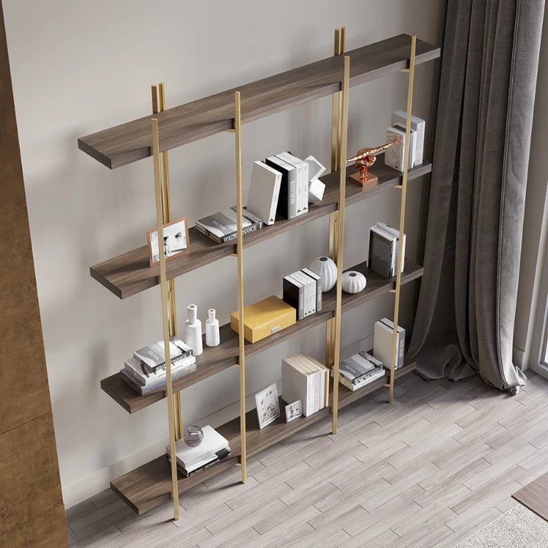 Aurore Display Shelf – Natural Wood & Gold Metal Frame