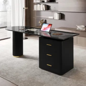 Zavello – Natural Wood Executive Desk with Marble-Look Surface & Gold Accent
