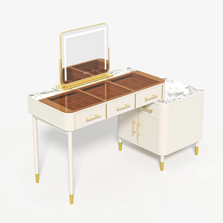 Velona Vanity Set – Natural Wood with Glass & Marble-Look Surfaces, LED Mirror & Chair