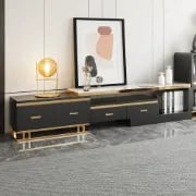 Nocturne – TV Unit and Coffee Table Set in Natural Wood with Gold Stainless Steel Accents and Marble-Look Top
