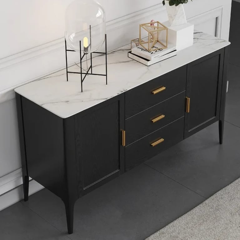 Lisco Sideboard – Natural Wood with Marble Top and Golden Handles
