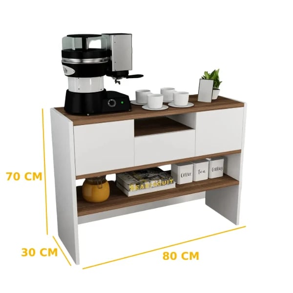 Arlen Coffee Corner Cabinet – White & Natural Wood Open Storage Design