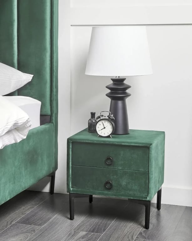 Aureva – Upholstered Bedside Table with 2 Drawers & Metal Legs