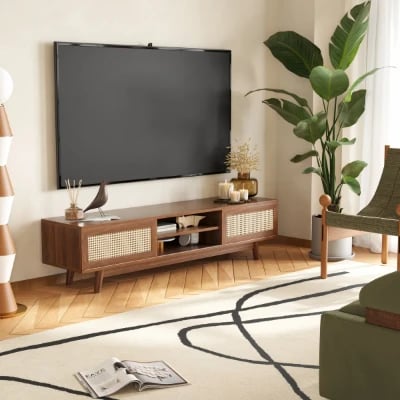 Marena – Modern TV Unit with Rattan Doors – Natural Wood