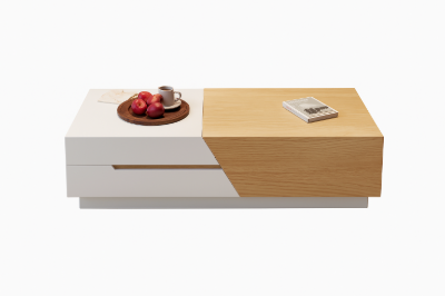 صورة فليكسو – طاولة قهوة من الخشب الطبيعي بسطح منزلق وأجزاء قابلة للتمديد مع وحدة تخزين