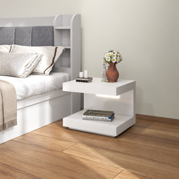 Vens Nightstand – Single Drawer with LED Light and Natural Wood Frame