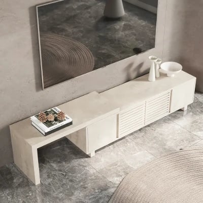 Japandi 63 to 83 Walnut Retracted & Extendable TV Stand with 4 Shelves Up to 85