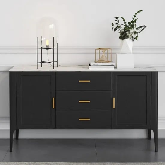 Lisco Sideboard – Natural Wood with Marble Top and Golden Handles