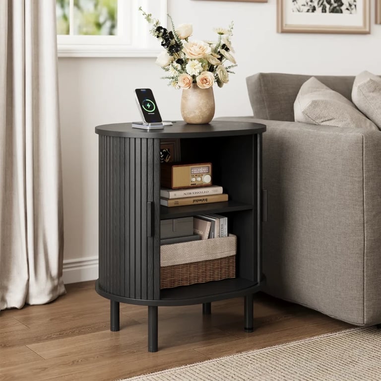 Lumin – Round Side Table with Storage & Charging – Natural Wood