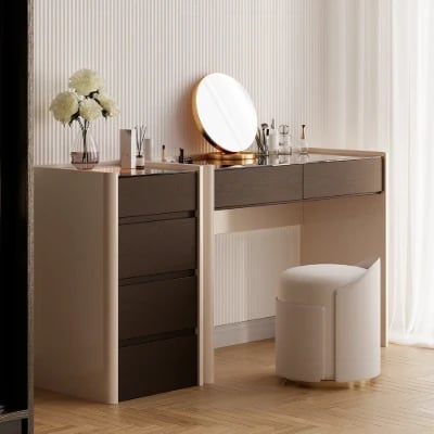 Vanity Set – Ébonie – Natural Wood with Smoked Glass Top, Organizer Drawers & Elegant Stool with Gold Base