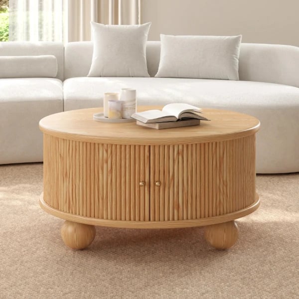 Aureo Round Storage Coffee Table with Sliding Doors – Natural Wood