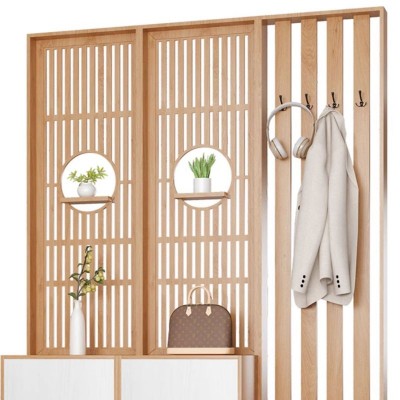 Lirven – Natural Wood Entry Divider Cabinet with Hooks and Storage Drawers