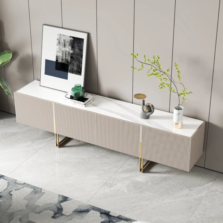 Élory - Natural Wood TV Stand with Stainless Steel Legs & Marble-Look Top