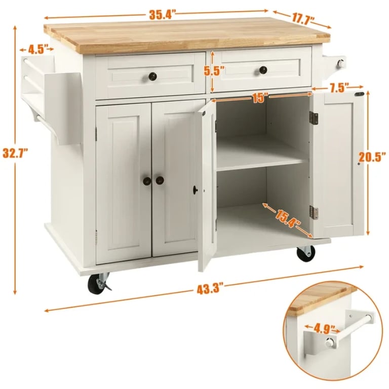 Ash Rolling Kitchen Island with Solid Wood Top