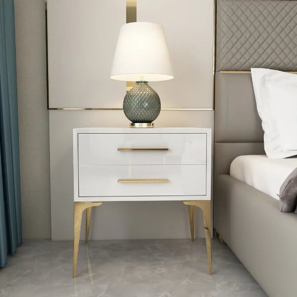 Hype Nightstand – Glossy Modern Design with Two Drawers and Gold Legs