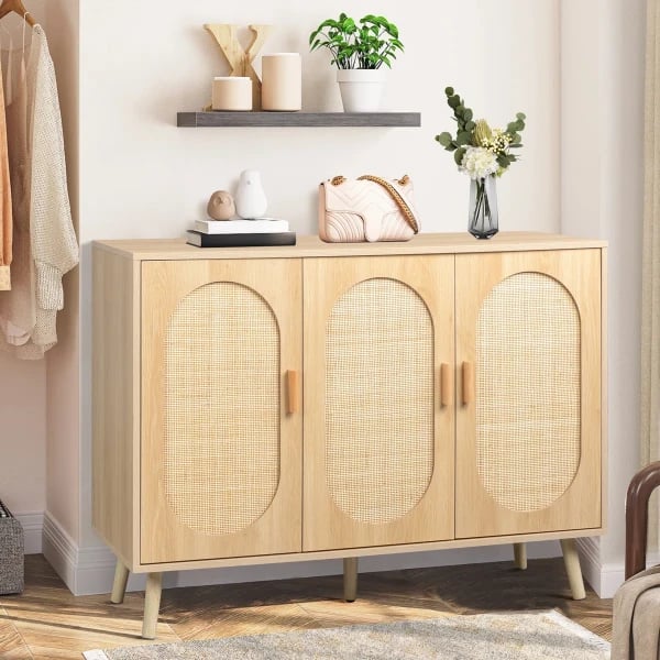 Rubena – Natural Wood Shoe Cabinet with Rattan Front (Three Doors)