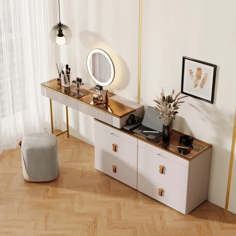Léonie Vanity Set – Natural Wood with LED Mirror, Chair, and Storage Drawers