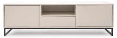 صورة وحدة تلفزيون ميرا – وحدة وسائط بتصميم مينيمالي باللون البيج والأسود