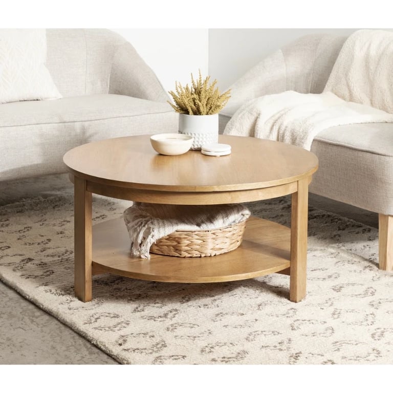 Orion – Round Coffee Table with Rotating Top & Lower Shelf – Natural Wood
