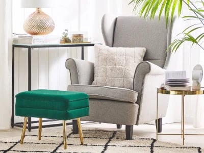 Sovana Ottoman – Luxurious Modern Design with Natural Wood Frame and Golden Metal Legs