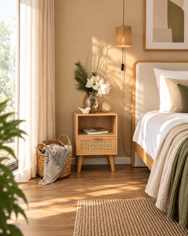 Liora Natural Wood Bedside Table – Open Shelf & Woven Drawer