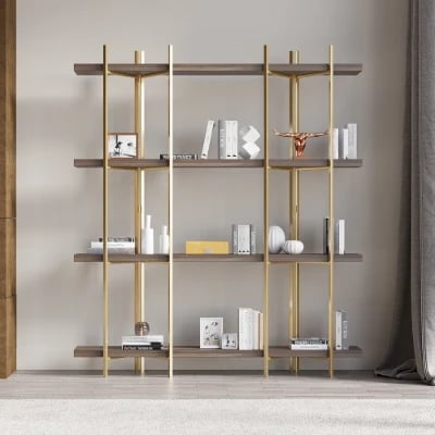 Aurore Display Shelf – Natural Wood & Gold Metal Frame