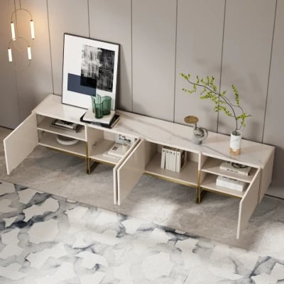 Picture of Valente Natural Wood TV Stand – Brass Base & Fluted Doors