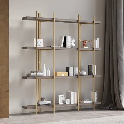 Aurore Display Shelf – Natural Wood & Gold Metal Frame