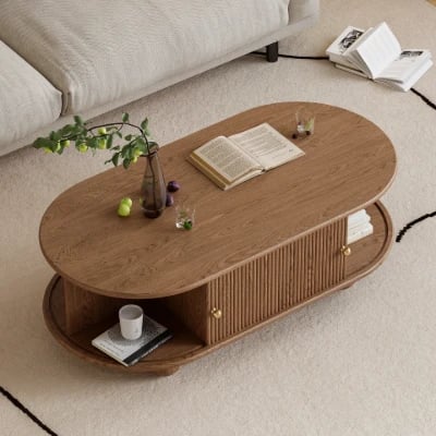 صورة طاولة قهوة توندو بيضاوية – خشب طبيعي مع تخزين وأرجل دائرية