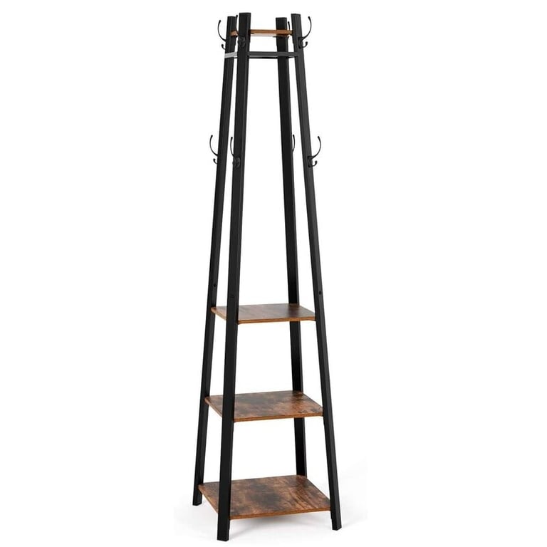 Coat Rack With 8 Dual Hooks And 4-Tier Storage Shelves
