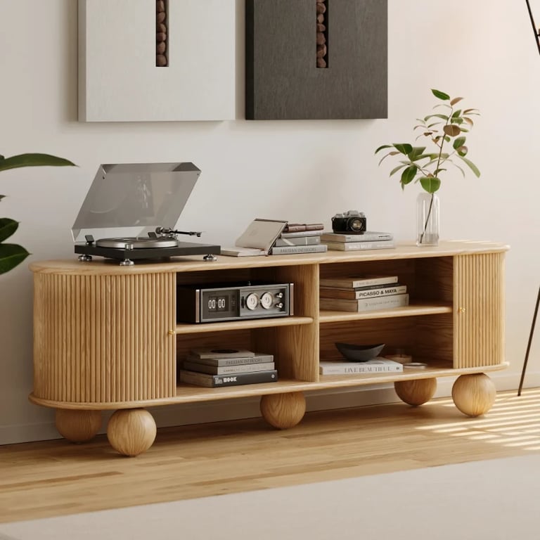 Oniro Long Media Console with Fluted Sliding Panels – Natural Wood