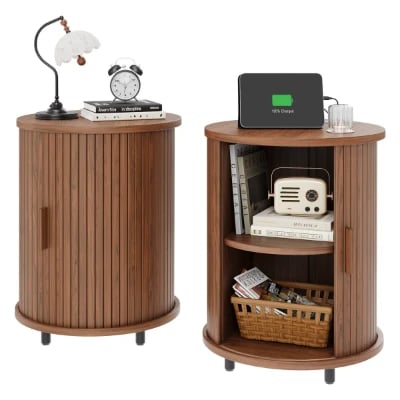 Luna – Round Side Table with Storage – Natural Wood